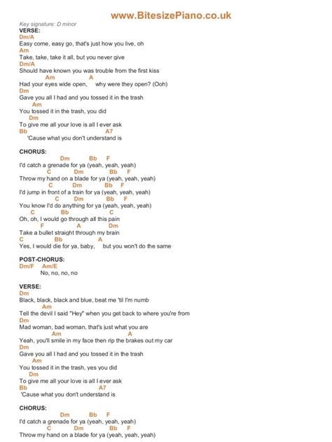 Original lyrics of Grenade song by Bruno Mars. Explore 7 meanings and explanations or write yours. Find more of Bruno Mars lyrics. Watch official video, print or download text in PDF. Comment and share your favourite lyrics. 